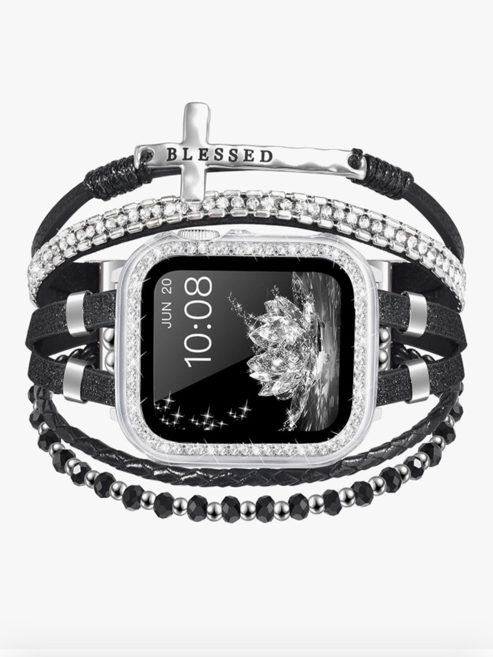 Blessed Cross Wrap Apple Watch Band - Black & Silver, 44mm